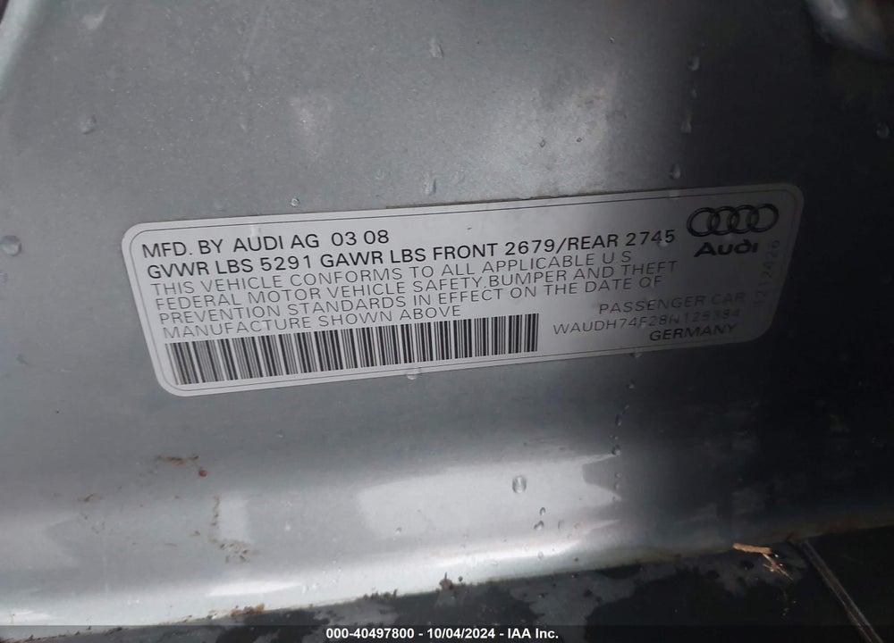 2008 AUDI A6 3.2 VIN: WAUDH74F28N125384