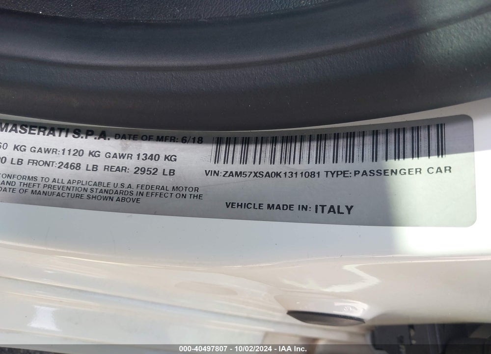 2019 MASERATI GHIBLI VIN: ZAM57XSA0K1311081