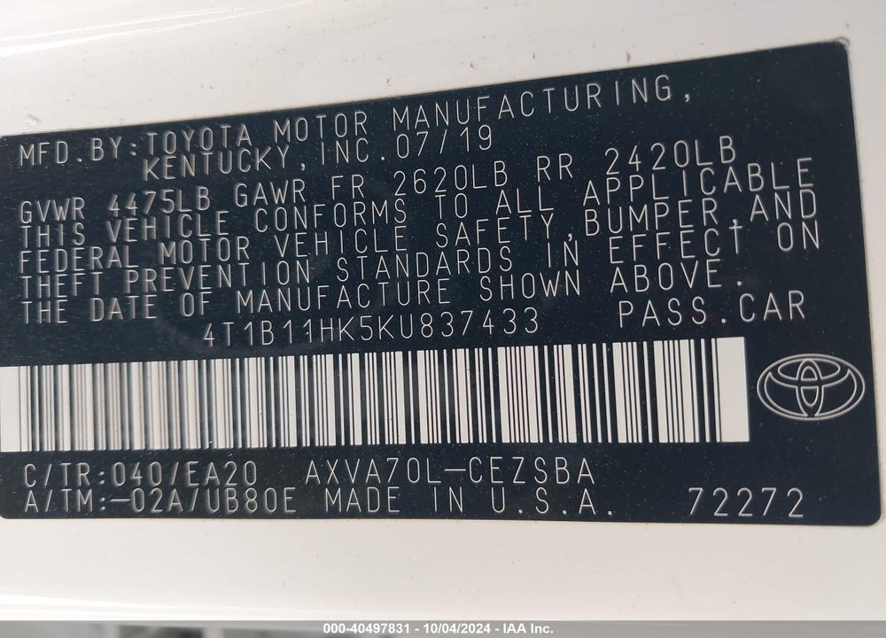 2019 TOYOTA CAMRY SE VIN: 4T1B11HK5KU837433