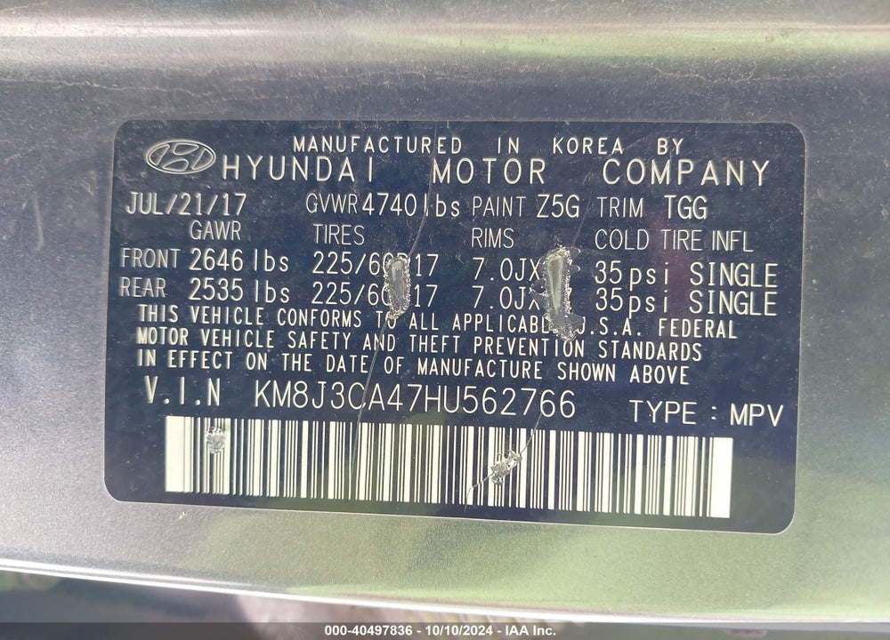 2017 HYUNDAI TUCSON SE VIN: KM8J3CA47HU562766