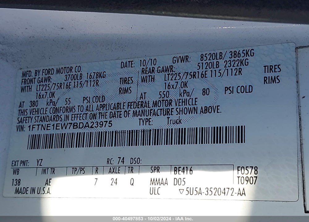 2011 FORD E-150 COMMERCIAL VIN: 1FTNE1EW7BDA23975
