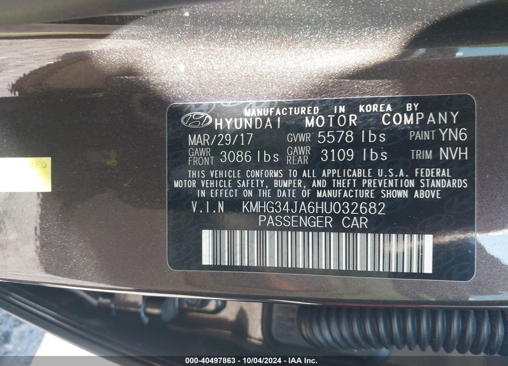2017 GENESIS G90 3.3T PREMIUM VIN: KMHG34JA6HU032682