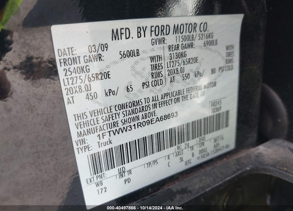 2009 FORD F-350 FX4/HARLEY-DAVIDSON/KING RANCH/LARIAT/XL/XLT VIN: 1FTWW31R09EA68693