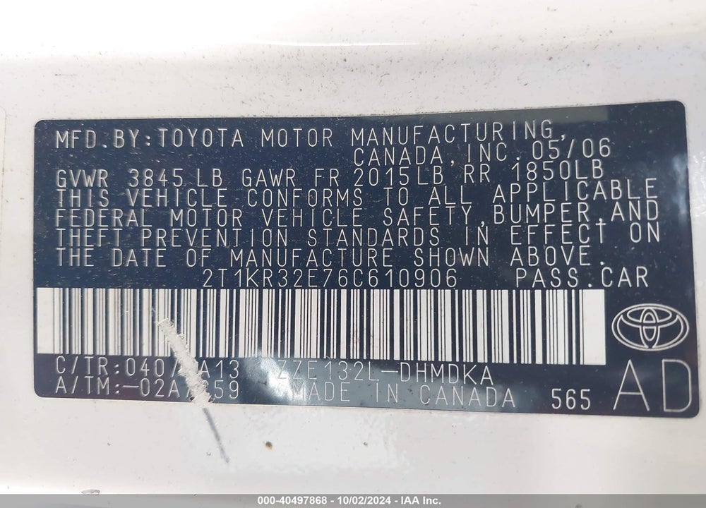 2006 TOYOTA MATRIX VIN: 2T1KR32E76C610906