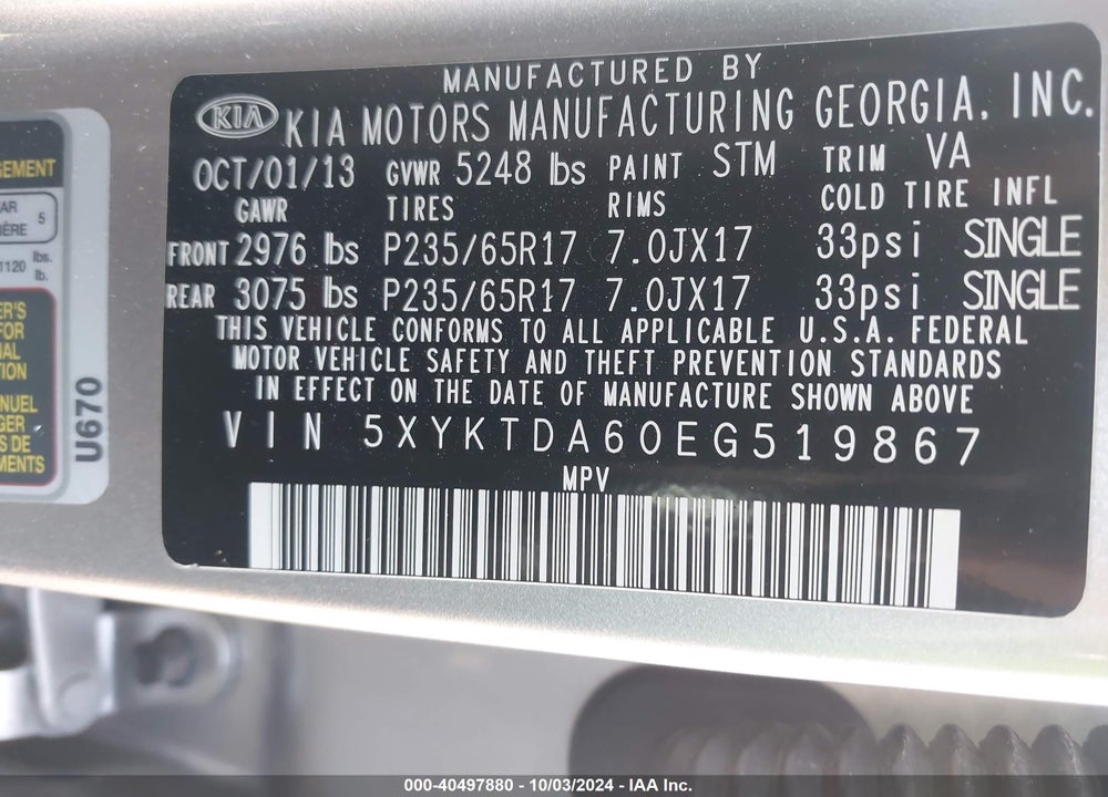 2014 KIA SORENTO VIN: 5XYKTDA60EG519867