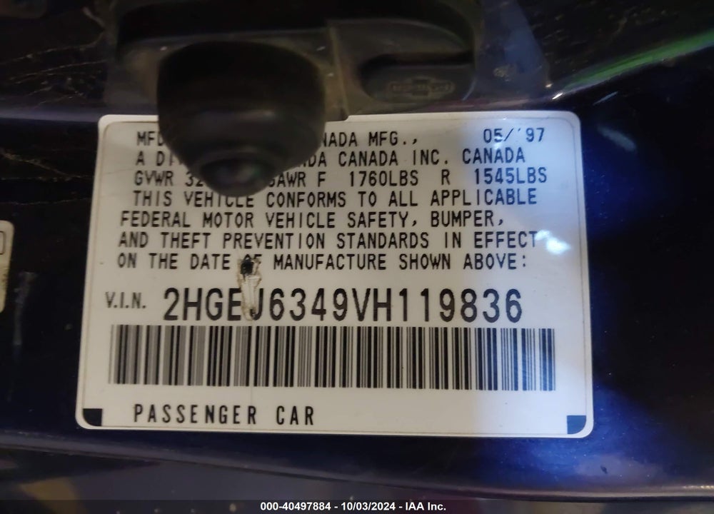 1997 HONDA CIVIC DX VIN: 2HGEJ6349VH119836