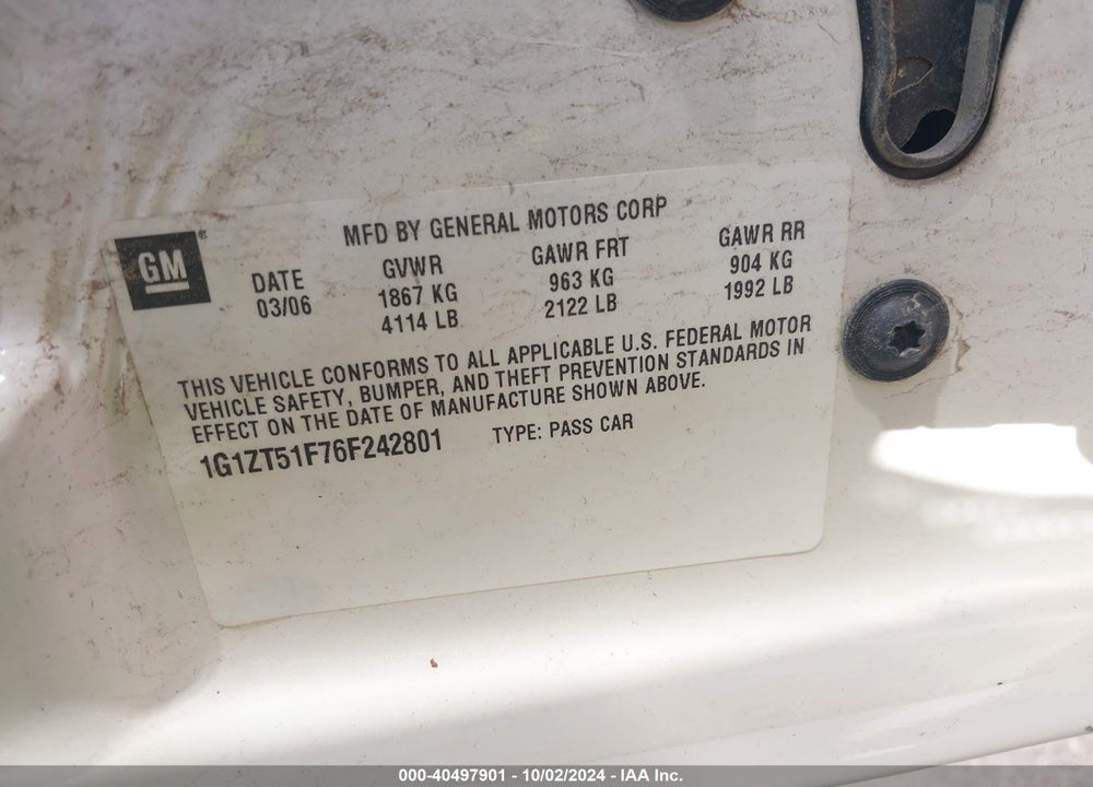 2006 CHEVROLET MALIBU LT VIN: 1G1ZT51F76F242801