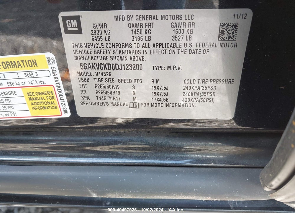 2013 BUICK ENCLAVE LEATHER VIN: 5GAKVCKD0DJ123200