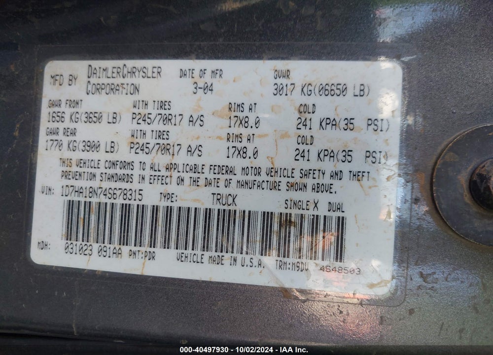 2004 DODGE RAM 1500 SLT/LARAMIE VIN: 1D7HA18N74S678315