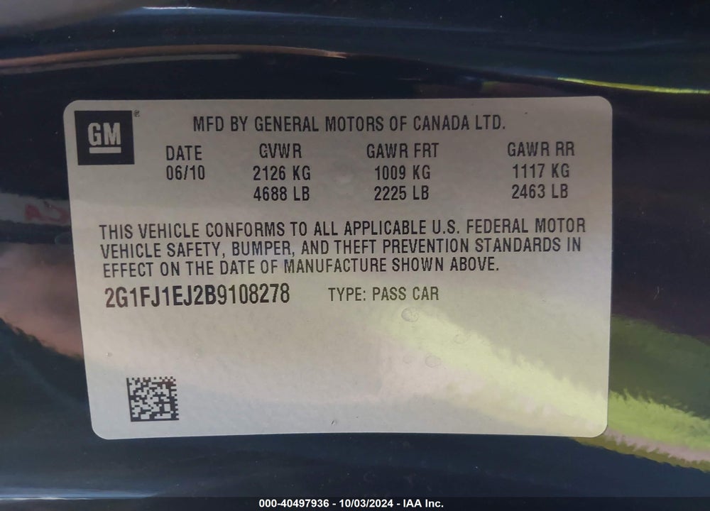2011 CHEVROLET CAMARO 1SS VIN: 2G1FJ1EJ2B9108278