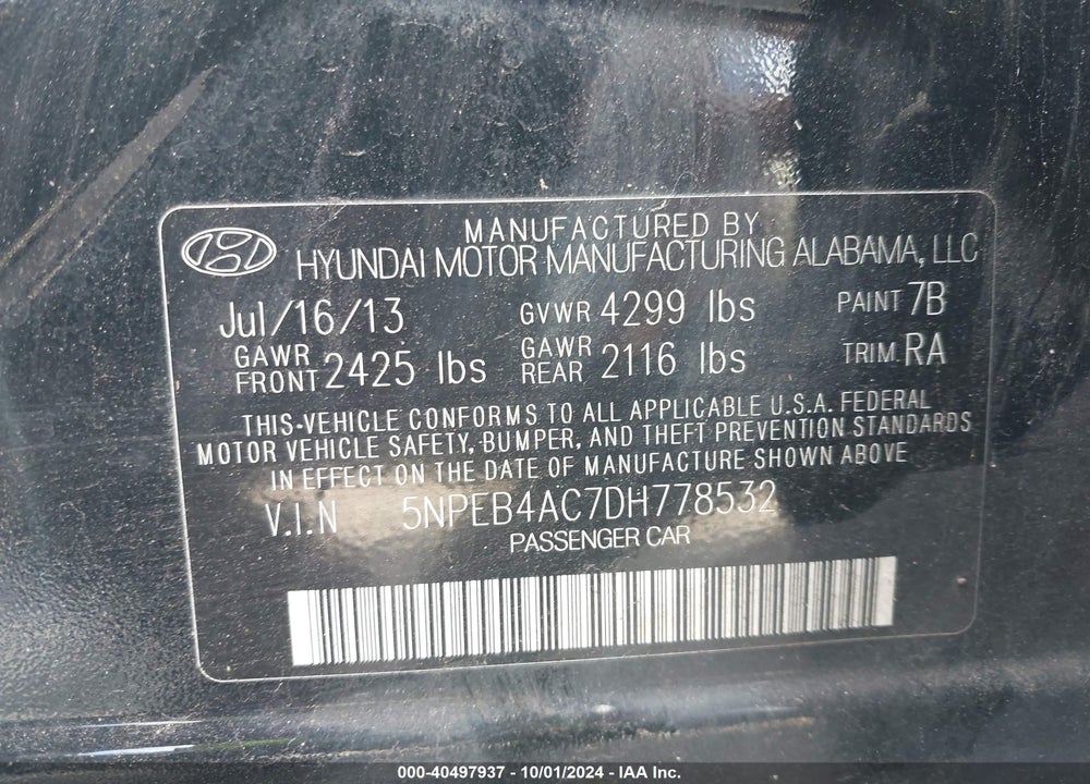 2013 HYUNDAI SONATA GLS VIN: 5NPEB4AC7DH778532