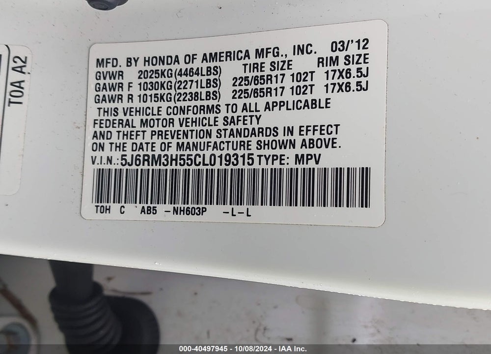 2012 HONDA CR-V EX VIN: 5J6RM3H55CL019315