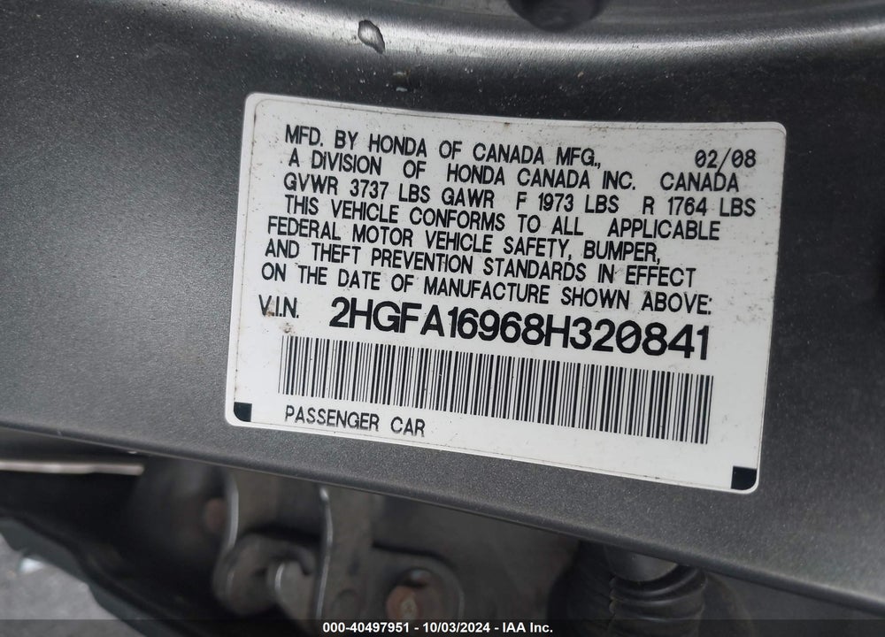 2008 HONDA CIVIC EX-L VIN: 2HGFA16968H320841