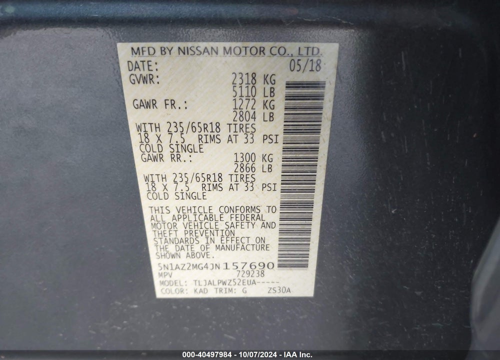 2018 NISSAN MURANO S VIN: 5N1AZ2MG4JN157690