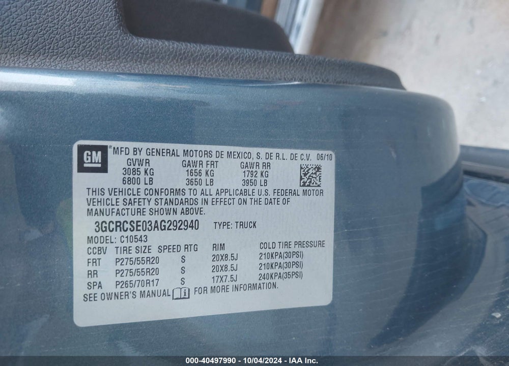 2010 CHEVROLET SILVERADO 1500 LT VIN: 3GCRCSE03AG292940