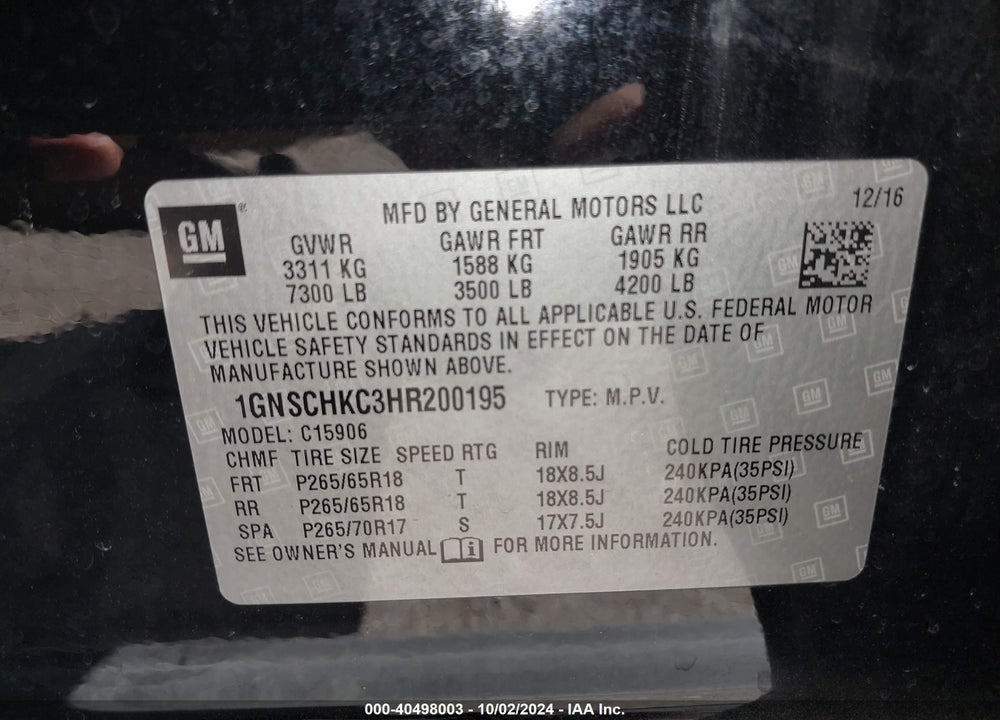 2017 CHEVROLET SUBURBAN LT VIN: 1GNSCHKC3HR200195