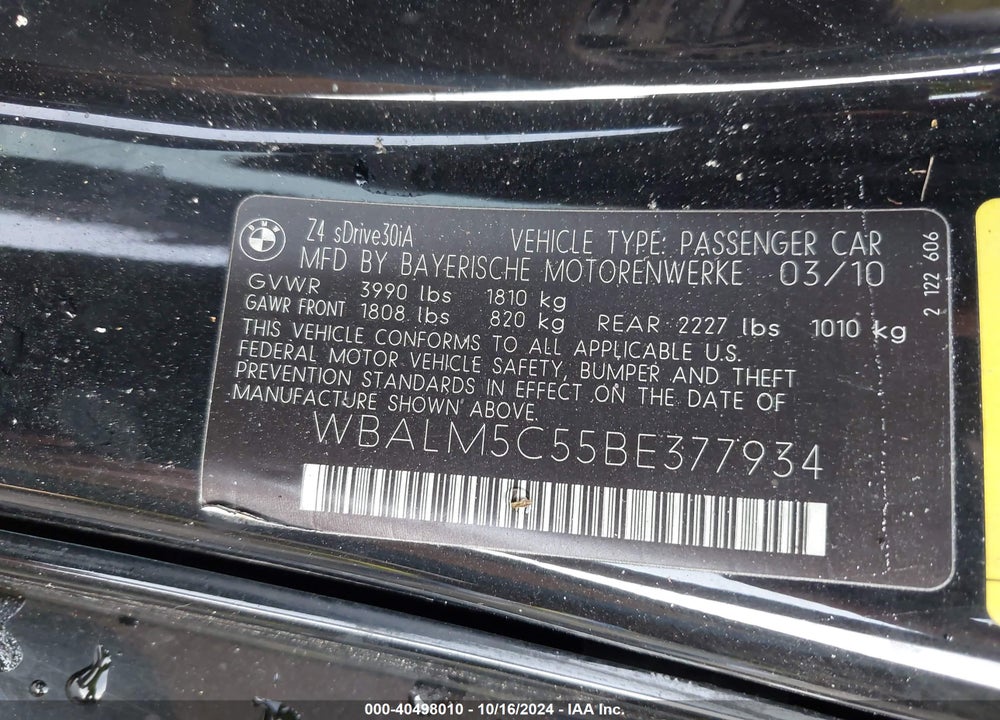 2011 BMW Z4 SDRIVE30I VIN: WBALM5C55BE377934