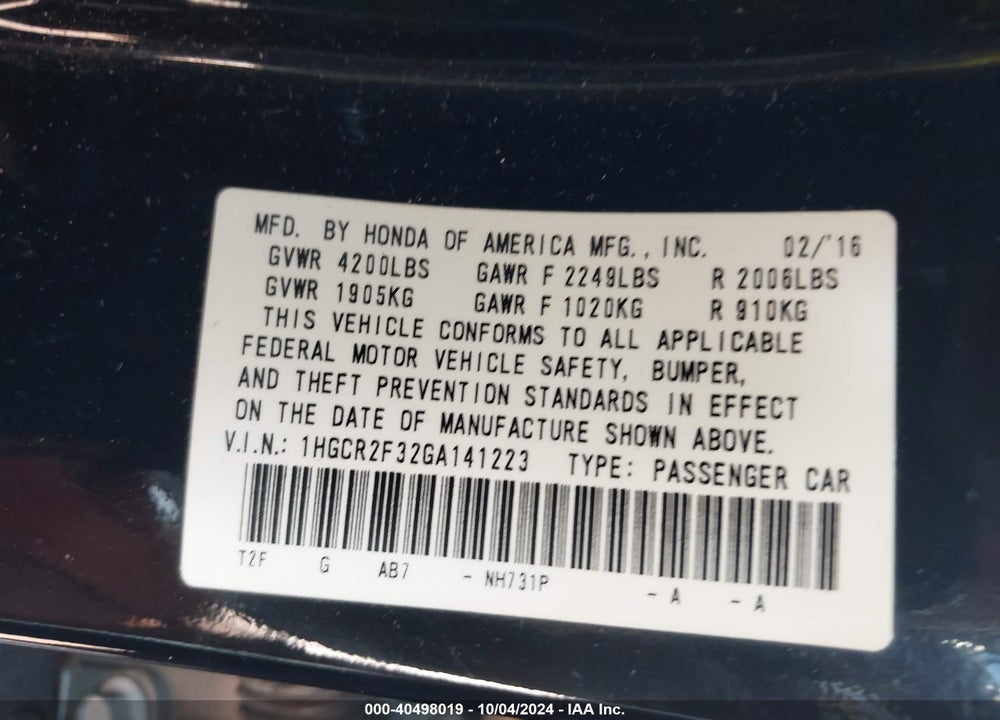 2016 HONDA ACCORD LX VIN: 1HGCR2F32GA141223