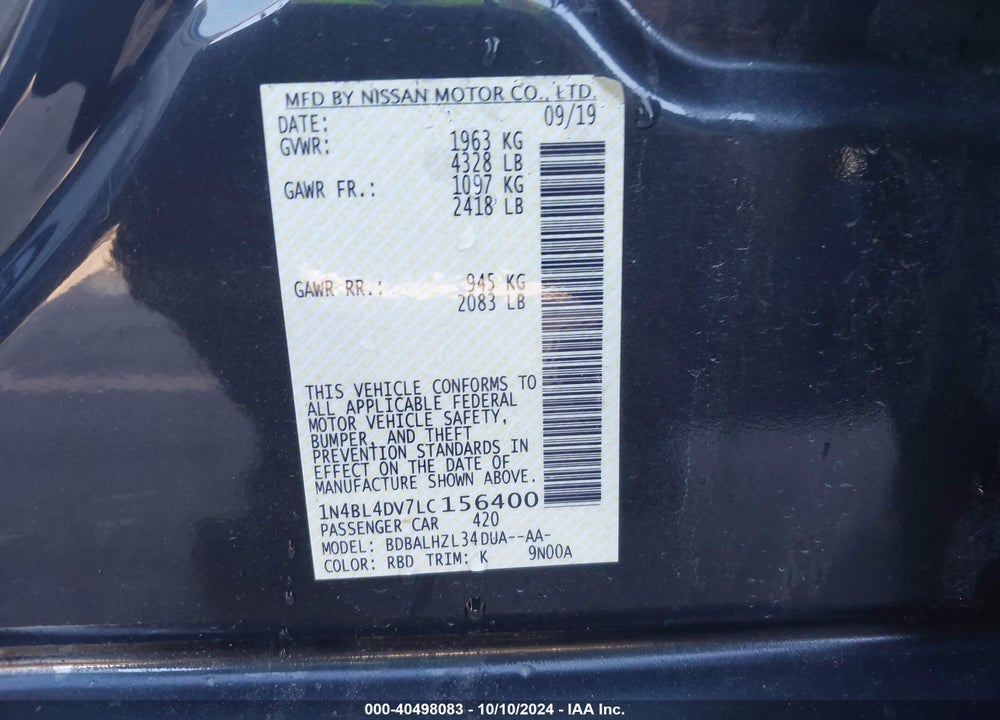 2020 NISSAN ALTIMA SV FWD VIN: 1N4BL4DV7LC156400