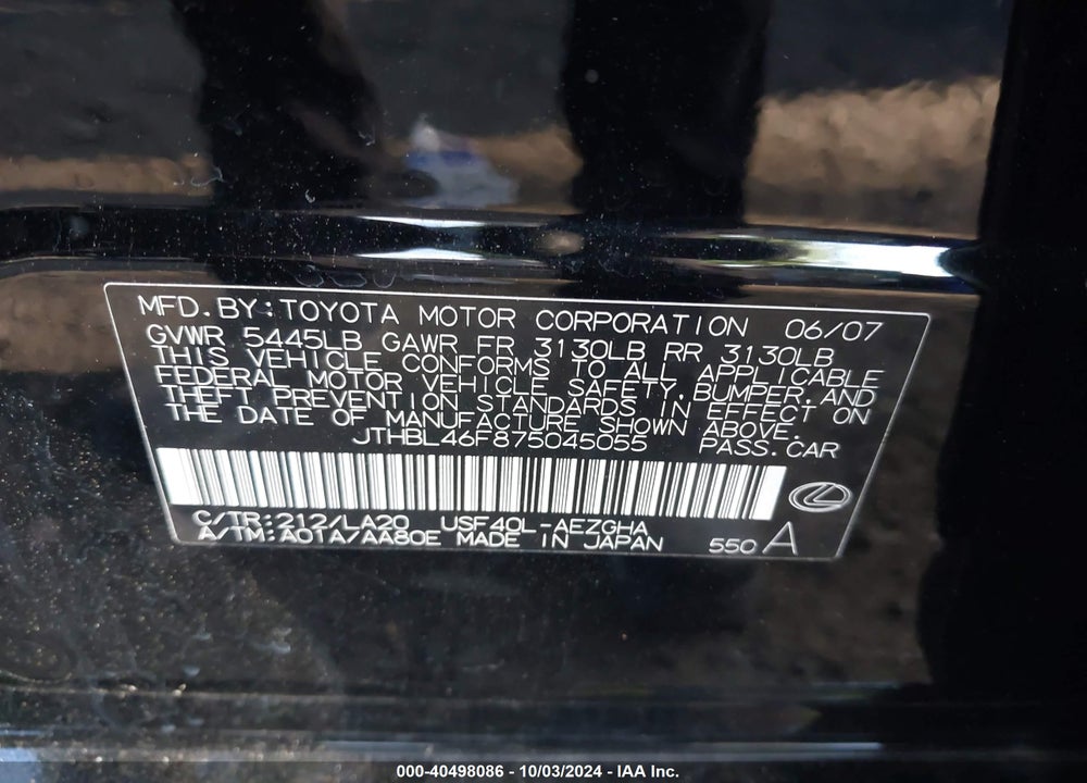 2007 LEXUS LS 460 VIN: JTHBL46F875045055