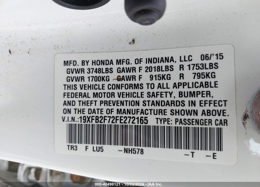 2015 HONDA CIVIC SE VIN: 19XFB2F72FE272165