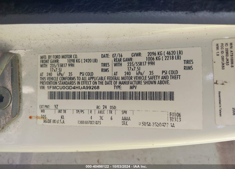 2017 FORD ESCAPE SE VIN: 1FMCU0GD4HUA99268