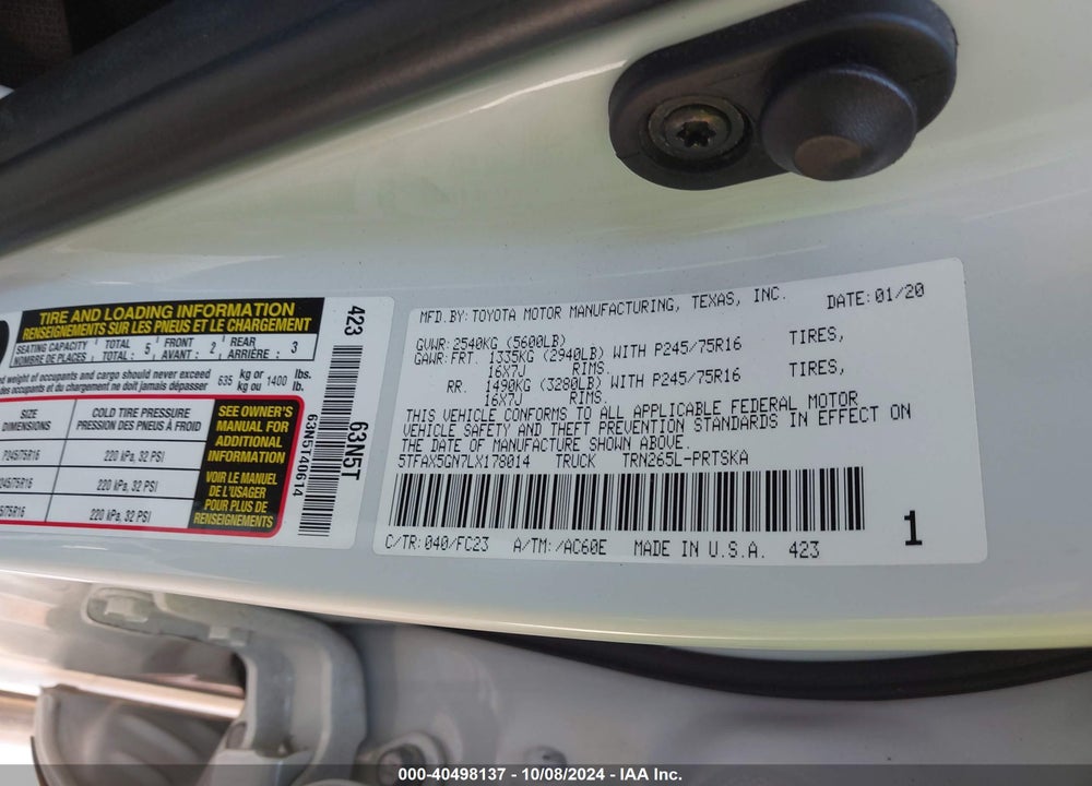 2020 TOYOTA TACOMA SR5 VIN: 5TFAX5GN7LX178014
