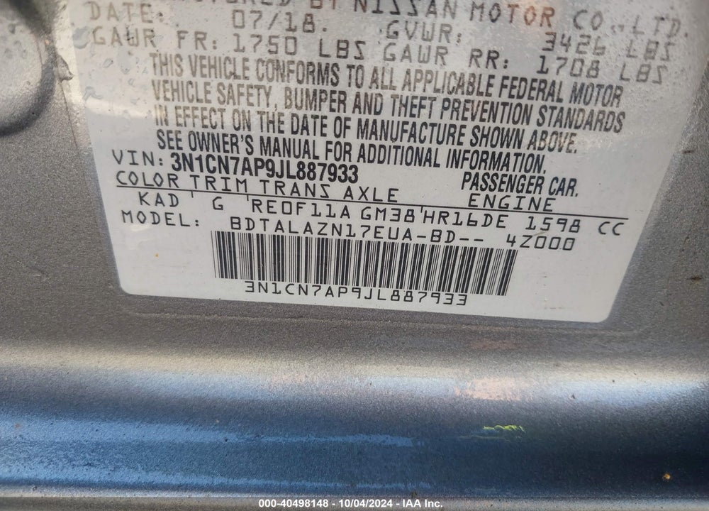 2018 NISSAN VERSA 1.6 S+ VIN: 3N1CN7AP9JL887933