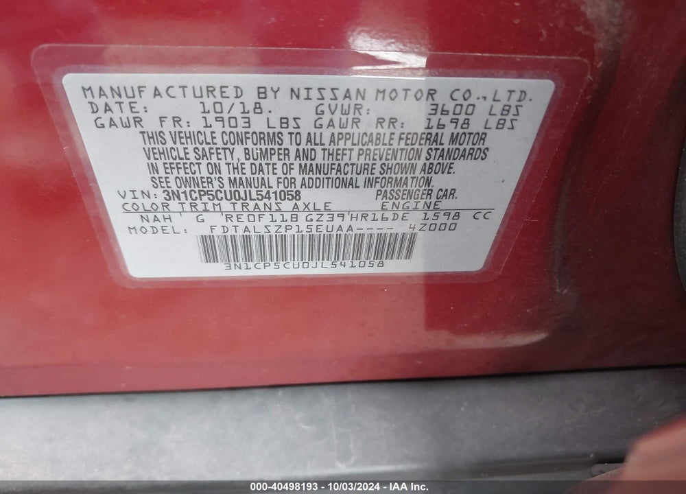 2018 NISSAN KICKS SV VIN: 3N1CP5CU0JL541058