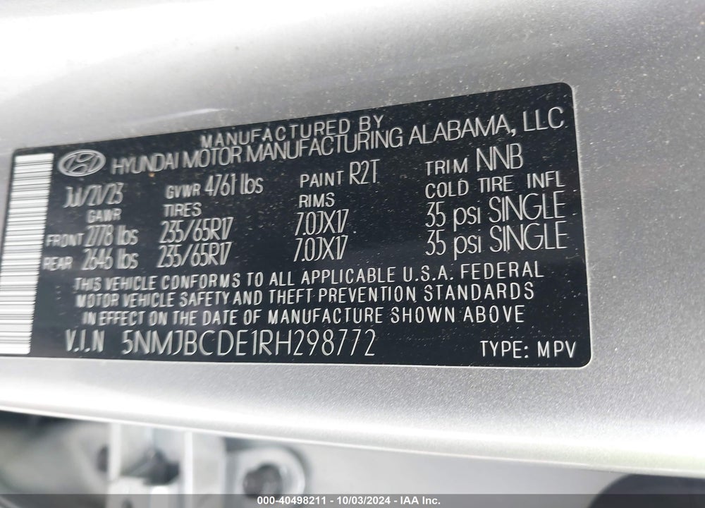 2024 HYUNDAI TUCSON SEL VIN: 5NMJBCDE1RH298772
