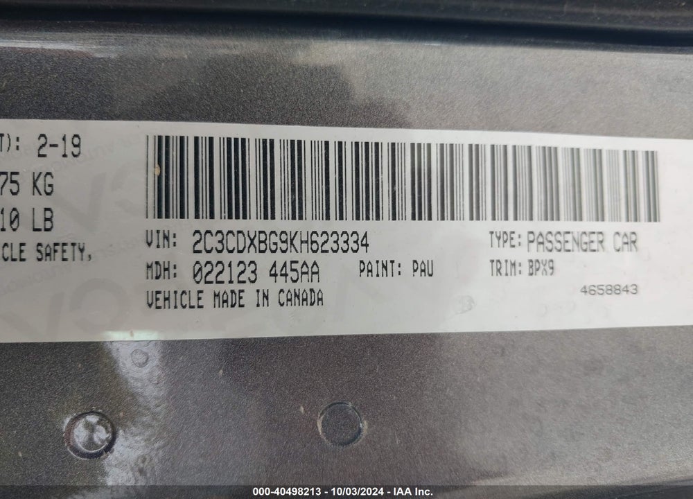 2019 DODGE CHARGER SXT RWD VIN: 2C3CDXBG9KH623334