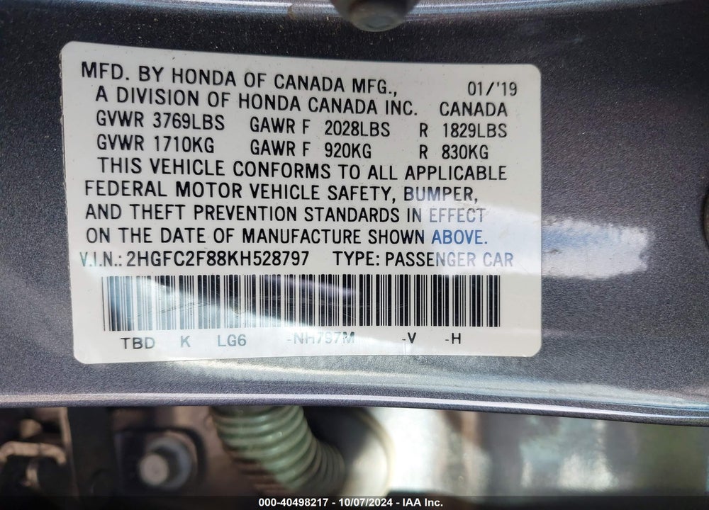 2019 HONDA CIVIC SPORT VIN: 2HGFC2F88KH528797