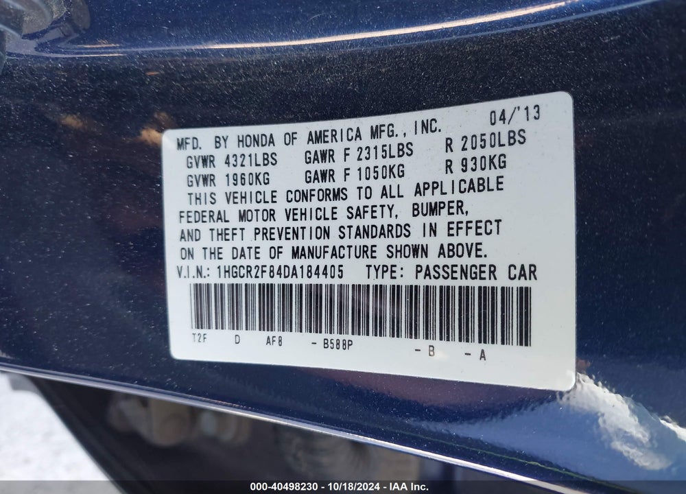2013 HONDA ACCORD EX-L VIN: 1HGCR2F84DA184405