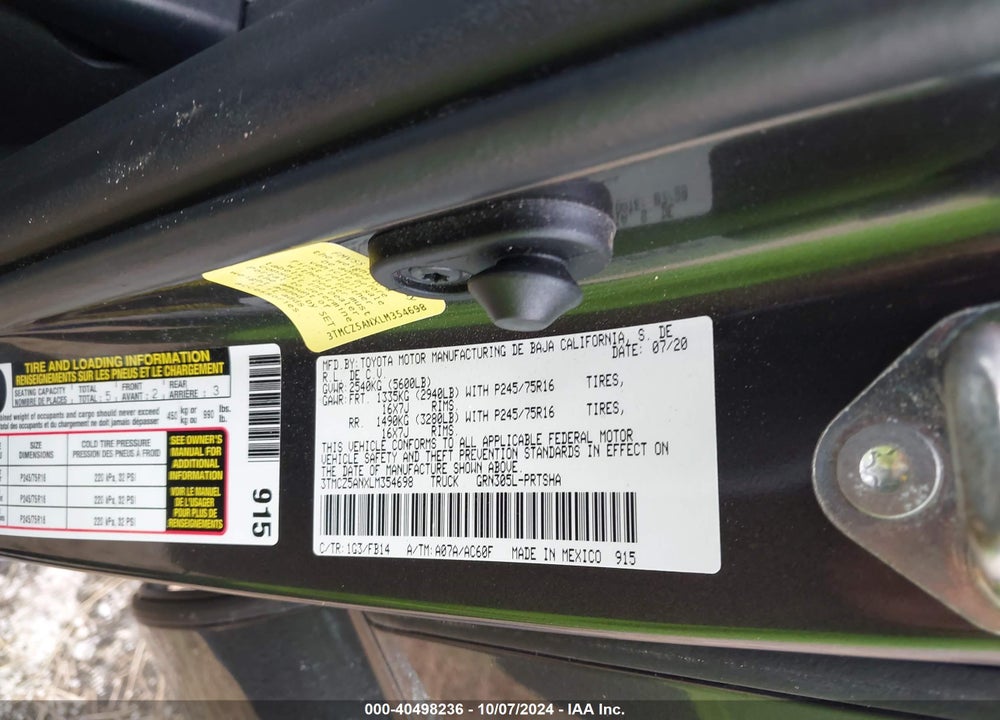 2020 TOYOTA TACOMA SR V6 VIN: 3TMCZ5ANXLM354698