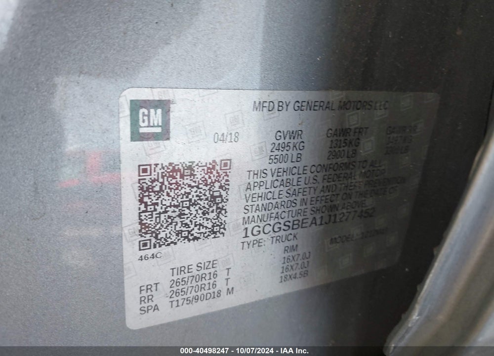 2018 CHEVROLET COLORADO WT VIN: 1GCGSBEA1J1277452