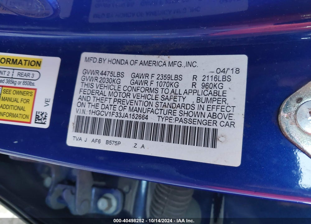 2018 HONDA ACCORD SPORT VIN: 1HGCV1F33JA152664