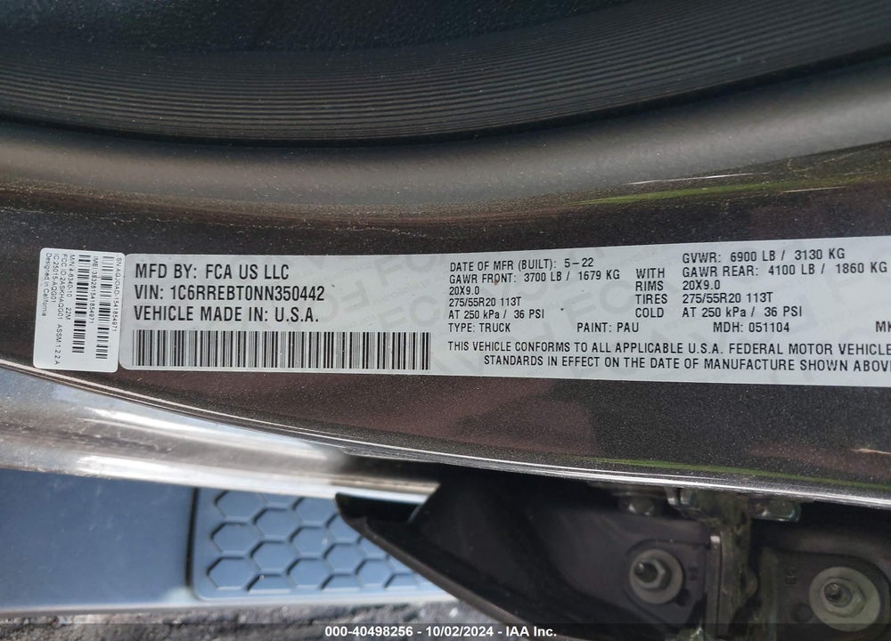 2022 RAM 1500 BIG HORN 4X2 6'4 BOX VIN: 1C6RREBT0NN350442