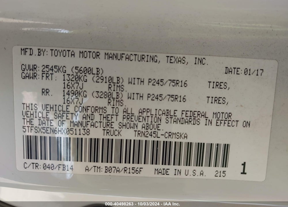 2017 TOYOTA TACOMA SR VIN: 5TFSX5EN6HX051138