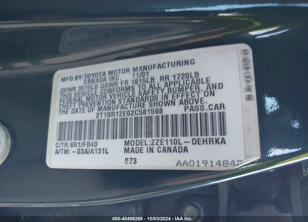 2002 TOYOTA COROLLA CE VIN: 2T1BR12E02C581568