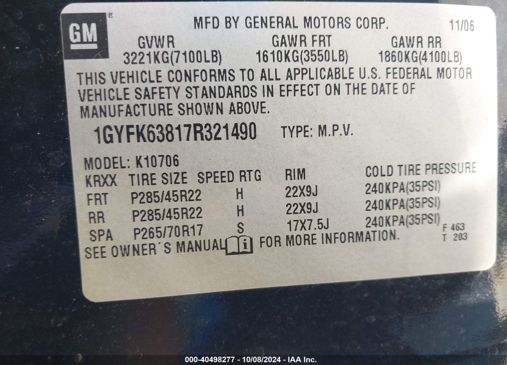 2007 CADILLAC ESCALADE STANDARD VIN: 1GYFK63817R321490