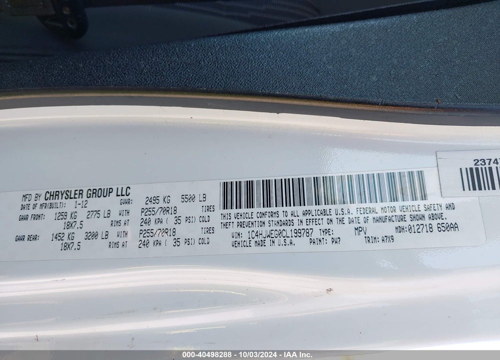 2012 JEEP WRANGLER UNLIMITED SAHARA VIN: 1C4HJWEG0CL199787