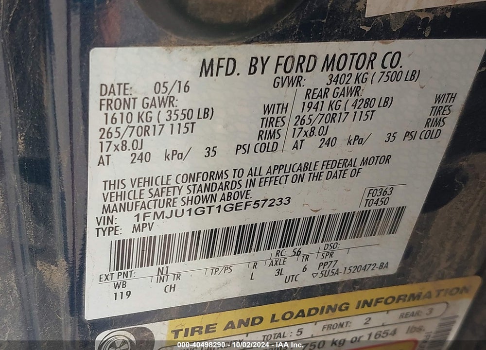 2016 FORD EXPEDITION XL VIN: 1FMJU1GT1GEF57233