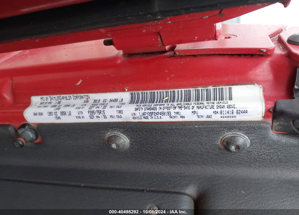 1999 ANGLER JEEP WR SE VIN: 1J4FY29P2XP450193