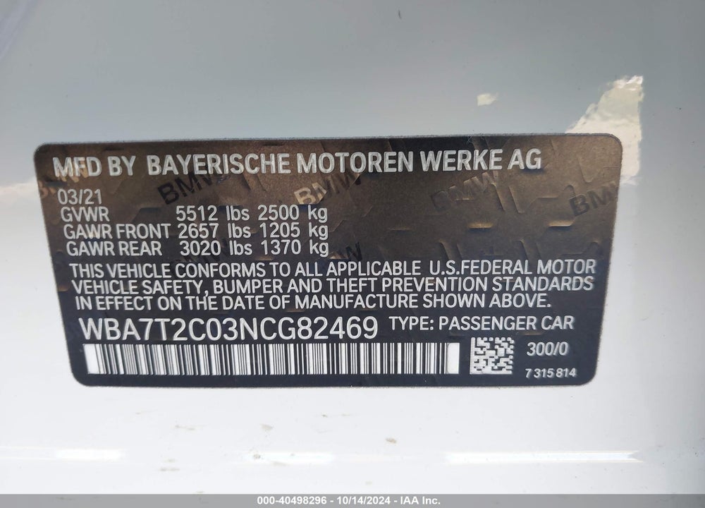 2022 BMW 740 I VIN: WBA7T2C03NCG82469