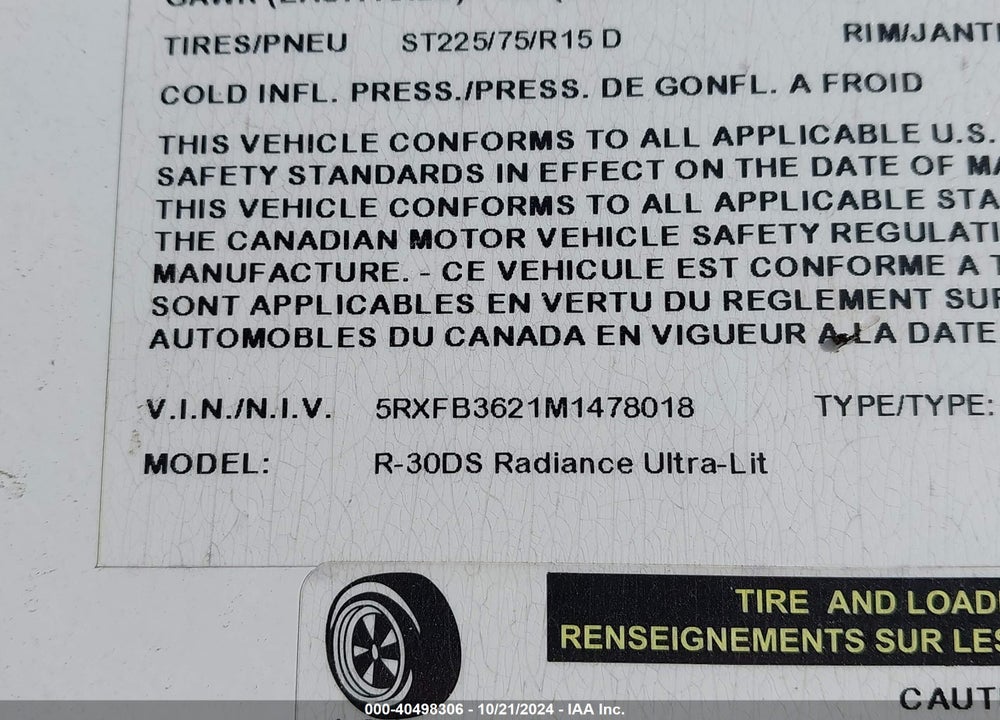 2021 CRUI RV RADIAN VIN: 5RXFB3621M1478018