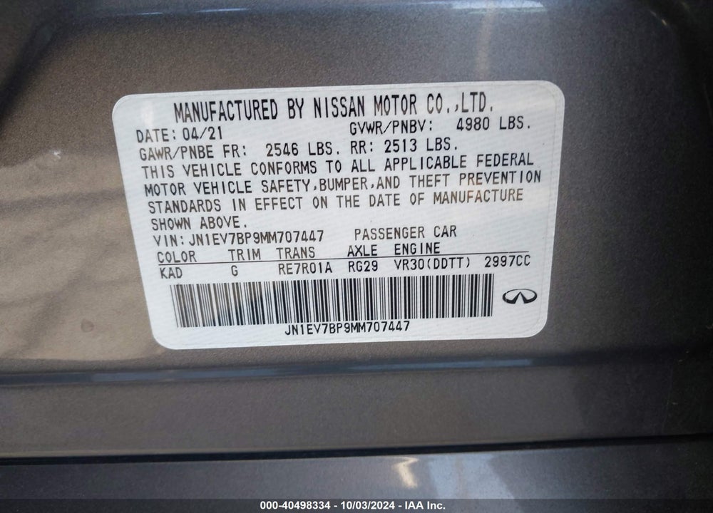 2021 INFINITI Q50 VIN: JN1EV7BP9MM707447