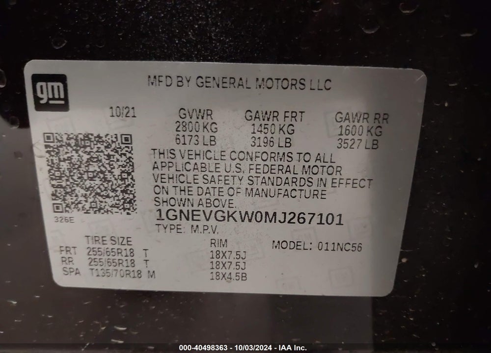 2021 CHEVROLET TRAVERSE AWD LT CLOTH VIN: 1GNEVGKW0MJ267101