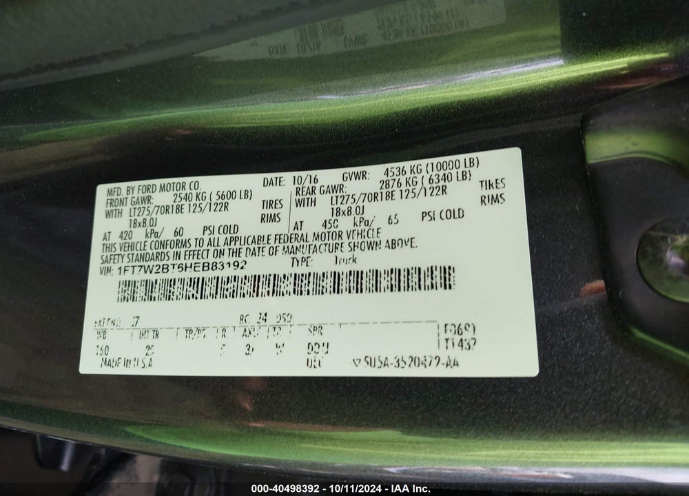 2017 FORD F-250 XLT VIN: 1FT7W2BT6HEB83192