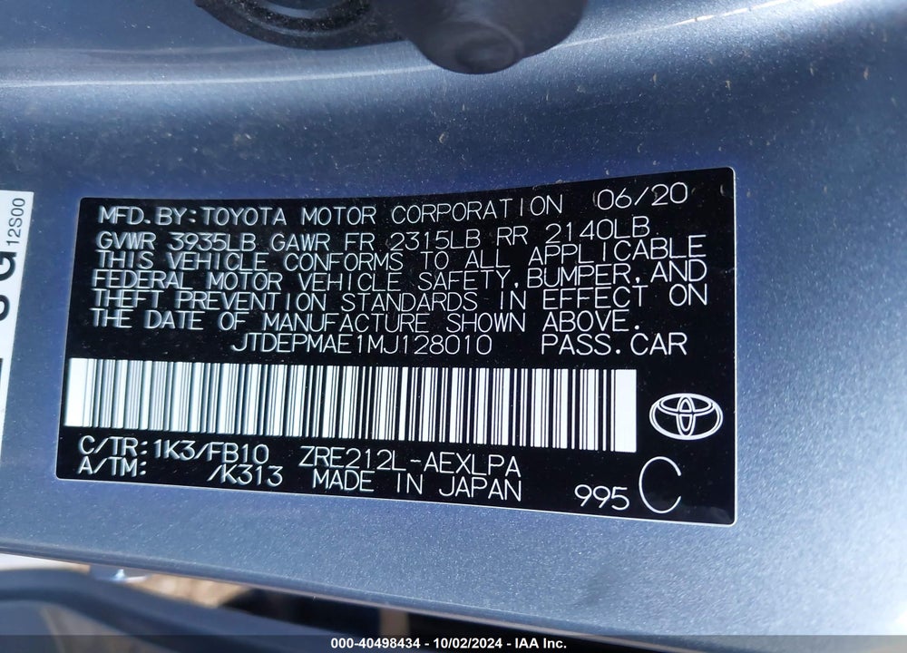 2021 TOYOTA COROLLA LE VIN: JTDEPMAE1MJ128010