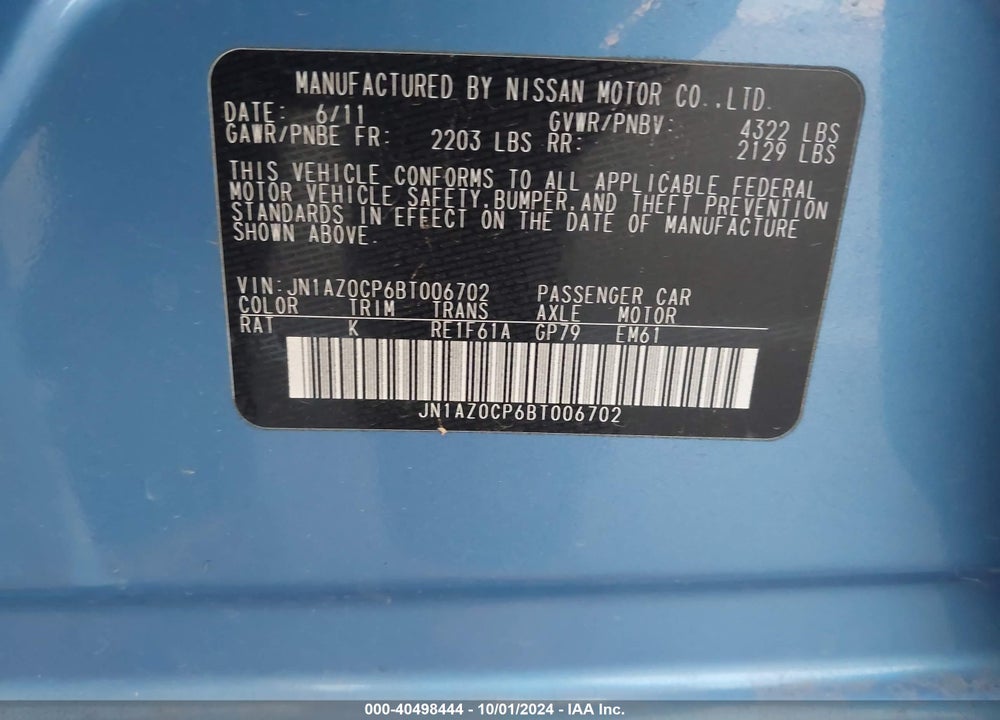 2011 NISSAN LEAF SL VIN: JN1AZ0CP6BT006702